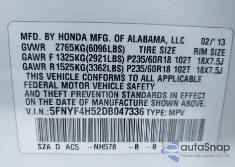 2013 Honda Pilot Ex-L z USA, uszkodzony, nr VIN 5FNYF4H52DB047336